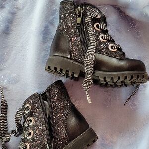 Olive & Edie Sparkle Combat Boots - Black Glitter